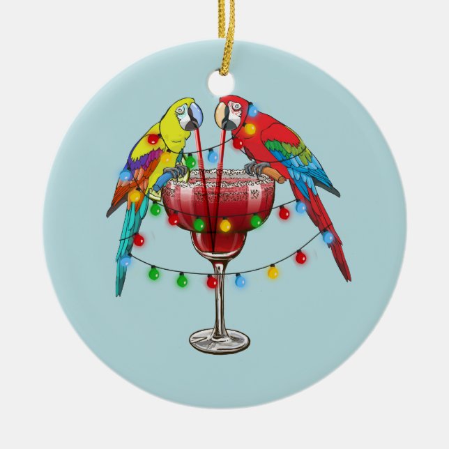 Tropical Macaws Drinking Wine Ceramic Tree Decoration (Front)