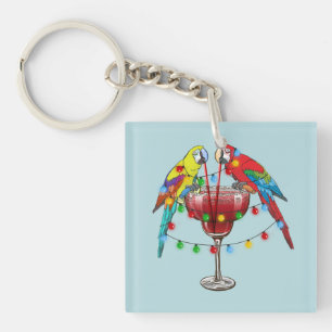 Tropical Macaws Drinking Wine Key Ring