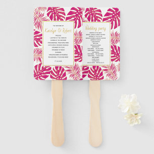 Tropical magenta and gold leaves wedding program hand fan