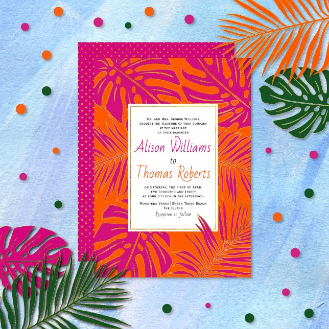 Tropical magenta and vibrant orange leaves wedding invitation (Creator Uploaded)
