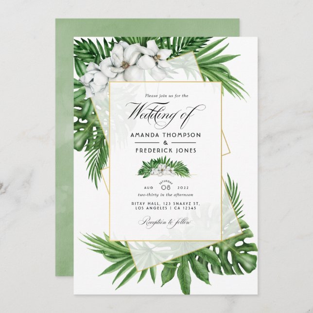 Tropical Magnolia Geometric Wedding Photo Invitation (Front/Back)