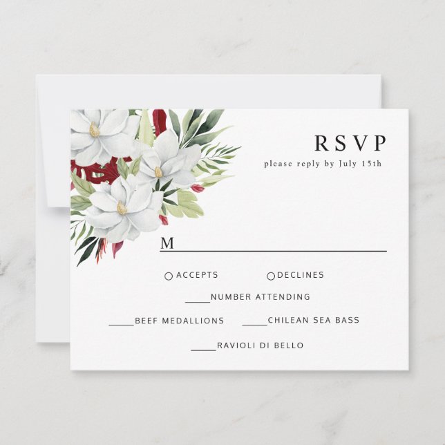 Tropical Magnolia White Green Red RSVP Card (Front)