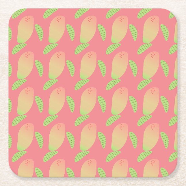 Tropical Mango Fruit Green Orange Square Paper Coaster (Front)