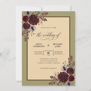 Tropical Maroon Olive Blossom Wedding Invitation
