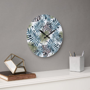 Tropical Mauve Green Palm Leaves Watercolor Art Large Clock