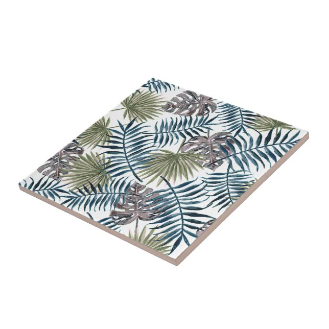 Tropical Mauve Green Palm Leaves Watercolor Art Tile (Side)