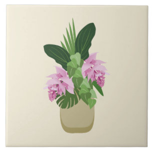 Tropical Medinilla Pink Flower in Yellow Vase Tile