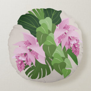 Tropical Medinilla Pink Flower on Beige Round Cushion