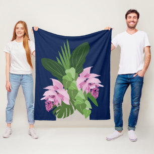 Tropical Medinilla Pink Flower on Dark Blue Fleece Blanket