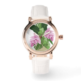 Tropical Medinilla Pink Flower on White Watch