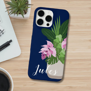Tropical Medinilla Pink Flower Vase on Dark Blue iPhone 16 Pro Max Case