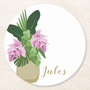 Tropical Medinilla Pink Flower Yellow Vase White Round Paper Coaster