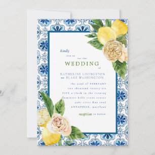 Tropical Mediterranean Blue & Lemons Wedding Invit Invitation