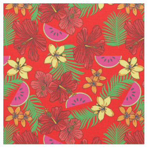 Tropical Melons and Palm Leaves Red Floral Pattern Fabric