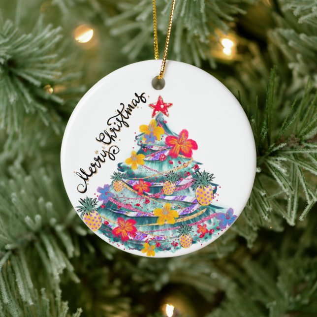 Tropical Merry Christmas Christmas Tree T-Shirt To Ceramic Tree Decoration (Tree)