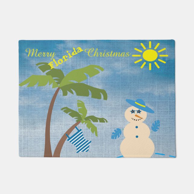 Tropical Merry Florida Christmas Snowman on Beach Doormat (Front)