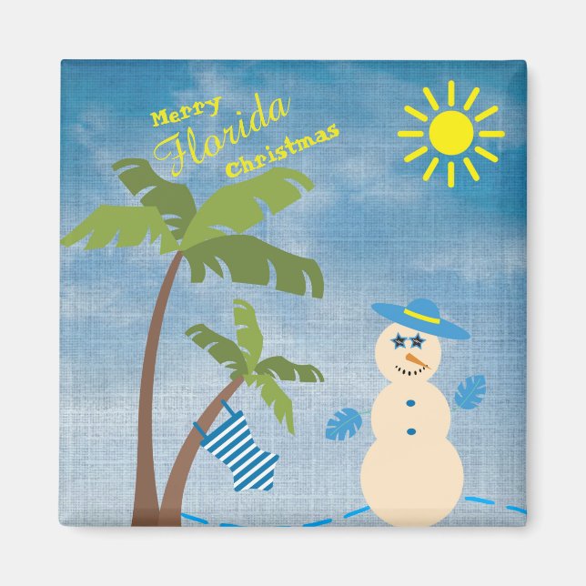 Tropical Merry Florida Christmas Snowman on Beach Magnet (Front)