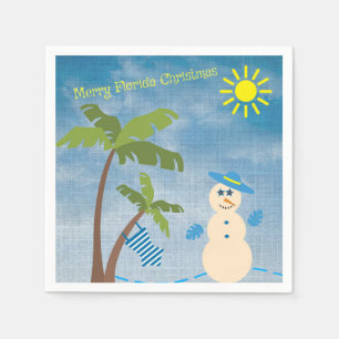 Tropical Merry Florida Christmas Snowman on Beach Napkin
