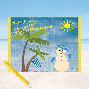 Tropical Merry Florida Christmas Snowman on Beach Postcard