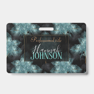 Tropical Metallic Blue & Gold Palm Leaves Summer ID Badge