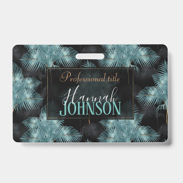 Tropical Metallic Blue & Gold Palm Leaves Summer ID Badge (Front)