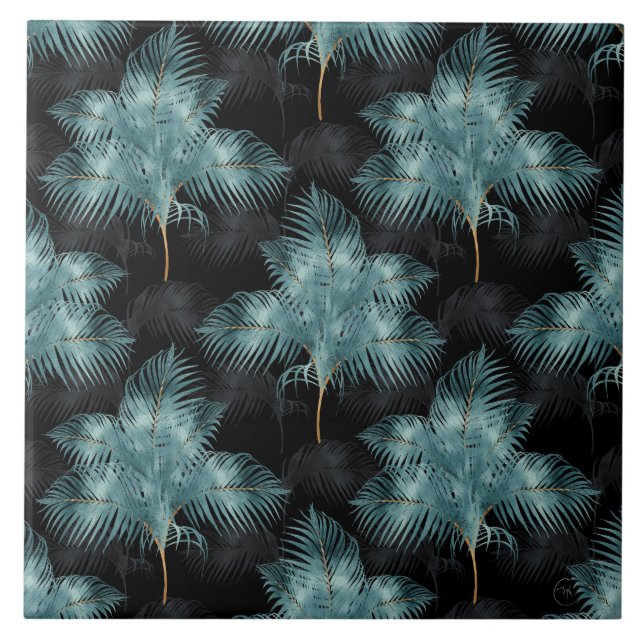 Tropical Metallic Blue & Gold Palm Leaves Summer Tile (Front)
