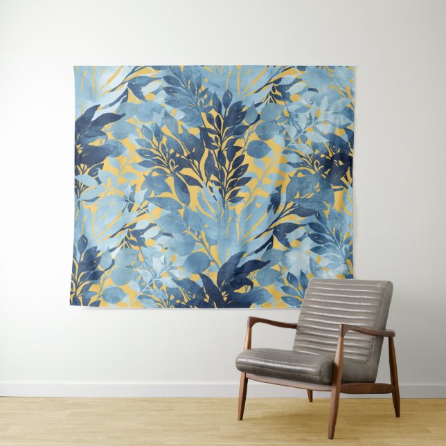Tropical Metallic Blue Yellow Foliage Design Tapestry (In Situ (Horizontal))