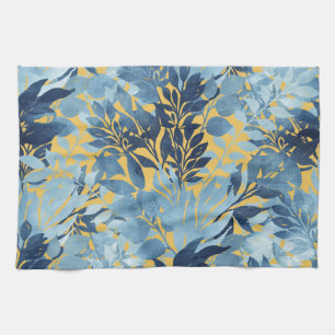 Tropical Metallic Blue Yellow Foliage Design Tea Towel