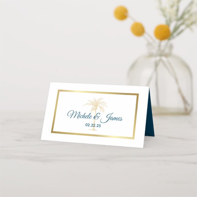 Tropical Metallic Gold Palm Tree Beach Wedding Place Card (Front)
