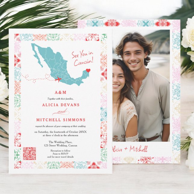 Tropical Mexico map QR destination wedding  Invitation (Tropical Mexico map QR destination wedding Invitation)