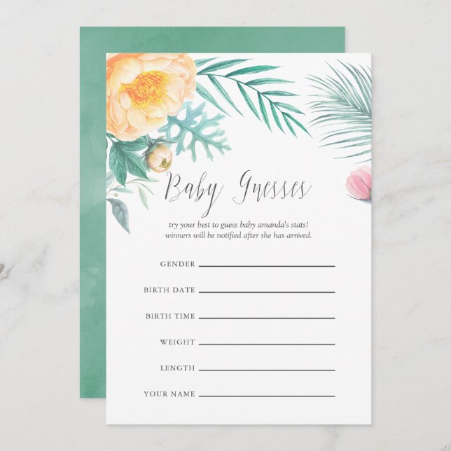 Tropical Mint Floral Baby Shower Guessing Game Invitation (Front/Back)