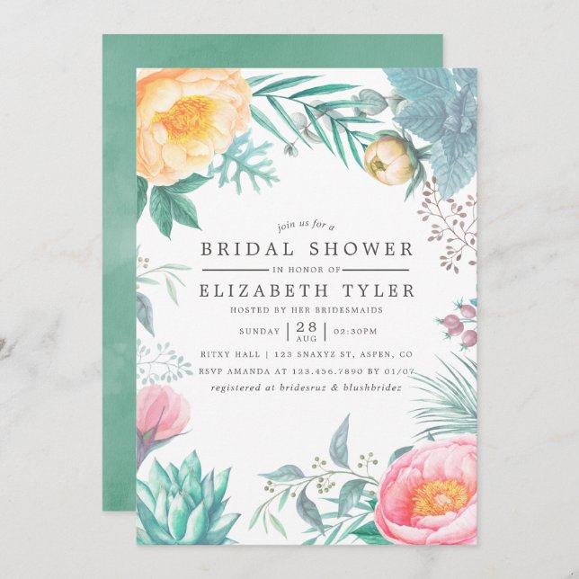 Tropical Mint Floral Summer Bridal Shower Invite (Front/Back)