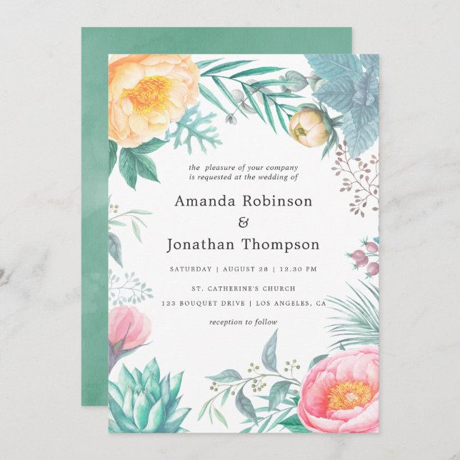 Tropical Mint Floral Summer Wedding Invitation (Front/Back)