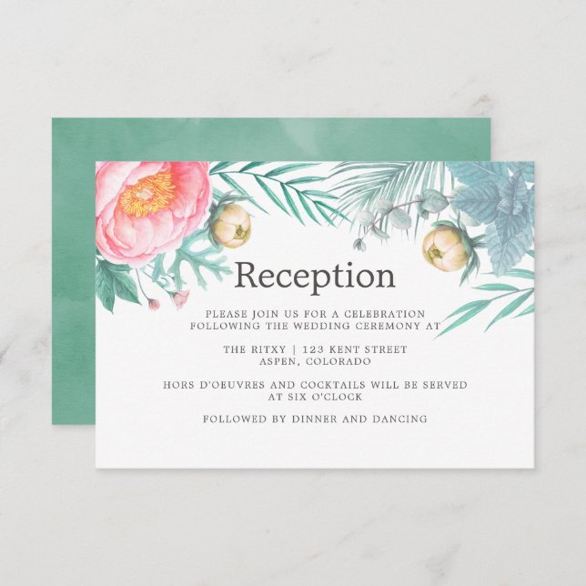Tropical Mint Floral Summer Wedding Reception Invitation (Front/Back)
