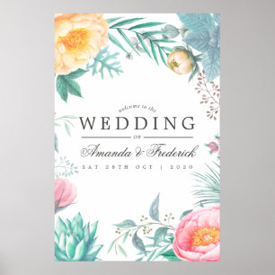Tropical Mint Floral Summer Wedding Welcome Poster