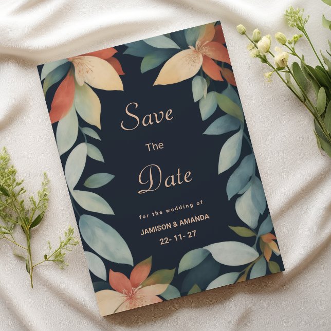 Tropical mint orange navy blue flora Save The Date Invitation (Tropical mint orange navy blue flora Save The Date)