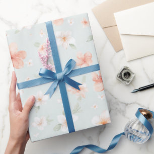 Tropical Mint Peach White Floral Birthday Wrapping Paper