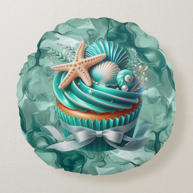 Tropical Mint Seashell Cupcake Round Pillow (Front)