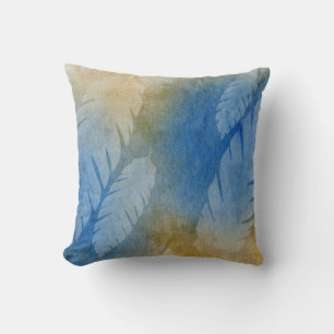 Tropical Misty Banana Leaves Blue Gold Watercolor Cushion