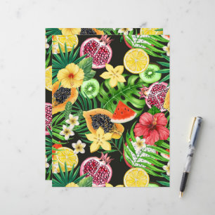 Tropical mix-fruit, flowers and leaves on black