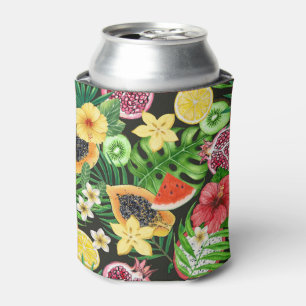 Tropical mix-fruit, flowers and leaves on black can cooler