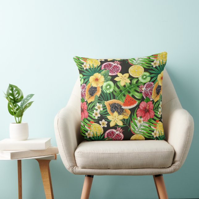 Tropical mix-fruit, flowers and leaves on black cushion (Chair)