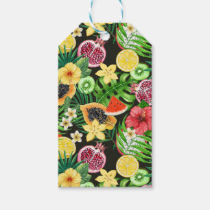 Tropical mix-fruit, flowers and leaves on black gift tags
