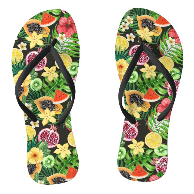 Tropical mix-fruit, flowers and leaves on black jandals (Footbed)