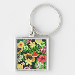 Tropical mix-fruit, flowers and leaves on black key ring