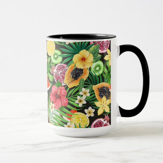 Tropical mix-fruit, flowers and leaves on black mug (Right)