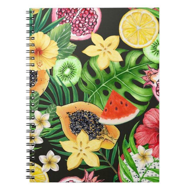 Tropical mix-fruit, flowers and leaves on black notebook (Front)