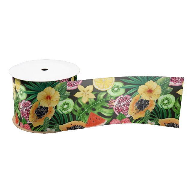 Tropical mix-fruit, flowers and leaves on black satin ribbon (Spool)