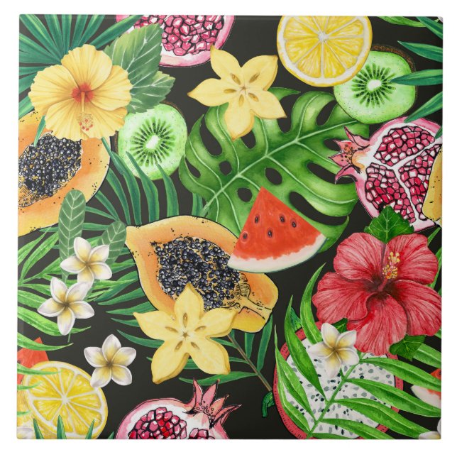 Tropical mix-fruit, flowers and leaves on black tile (Front)