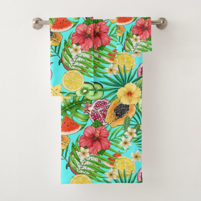 Tropical mix-fruit, flowers and leaves on blue bath towel set (Insitu)